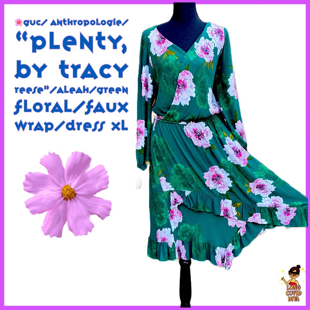 🤍GUC/ Anthropologie/Plenty,
By Tracy Reese/Aleah/Green Floral/Faux Wrap/Dress XL